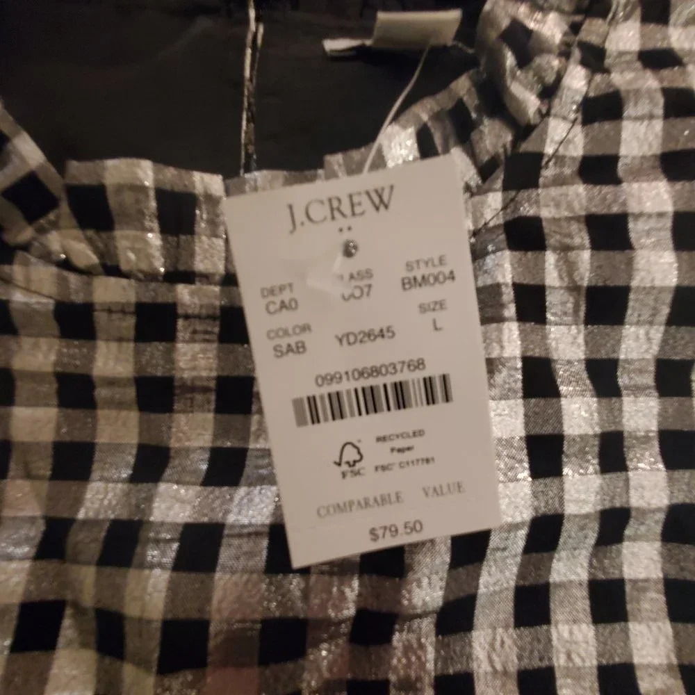 J Crew Factory Sleeveless Ruffle Neck Blouse, Lurex Metallic Black Silver NWT - Picture 2 of 2